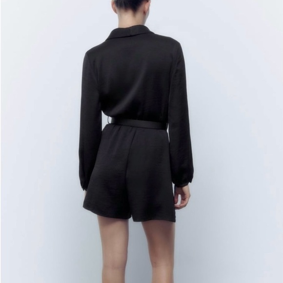Zara Satin Chic Black Long Sleeve Romper with Gold Chain Belt - Picture 2 of 3